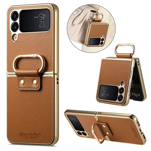 For Samsung Galaxy Z Flip4 5G Case Electroplating Leather Coated PC Phone Cover with Spring Ring Buckle Kickstand - Brown - 1