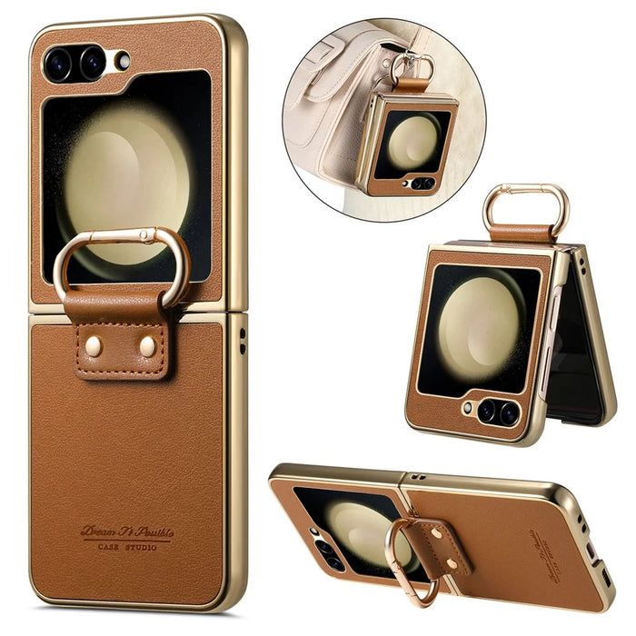 For Samsung Galaxy Z Flip6 5G Case Electroplating Leather Coated PC Phone Cover with Spring Ring Buckle Kickstand - Brown - 1