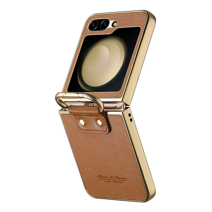 For Samsung Galaxy Z Flip6 5G Case Electroplating Leather Coated PC Phone Cover with Spring Ring Buckle Kickstand - Brown - 3