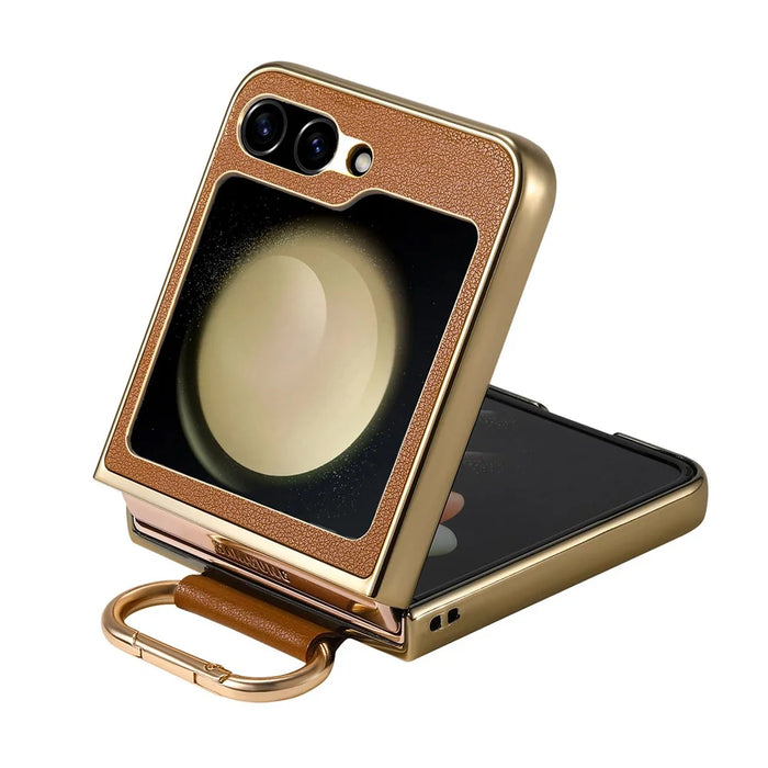 For Samsung Galaxy Z Flip6 5G Case Electroplating Leather Coated PC Phone Cover with Spring Ring Buckle Kickstand - Brown - 5