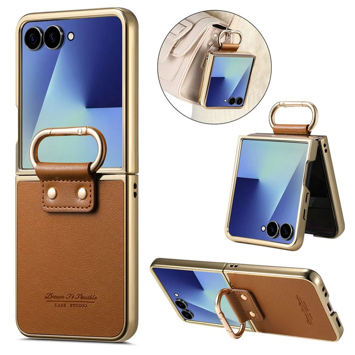 For Samsung Galaxy Z Flip7 5G Case Electroplating Leather Coated PC Phone Cover with Spring Ring Buckle Kickstand - Brown - 1