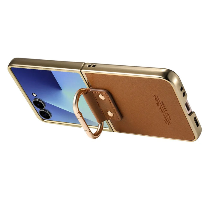 For Samsung Galaxy Z Flip7 5G Case Electroplating Leather Coated PC Phone Cover with Spring Ring Buckle Kickstand - Brown - 2