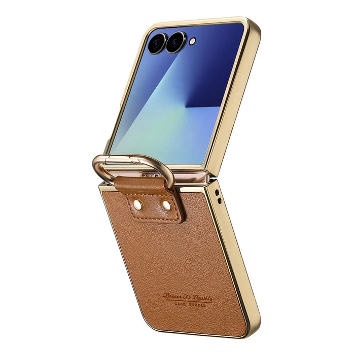 For Samsung Galaxy Z Flip7 5G Case Electroplating Leather Coated PC Phone Cover with Spring Ring Buckle Kickstand - Brown - 3