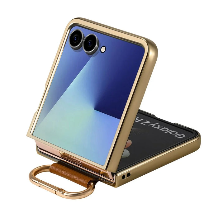 For Samsung Galaxy Z Flip7 5G Case Electroplating Leather Coated PC Phone Cover with Spring Ring Buckle Kickstand - Brown - 5