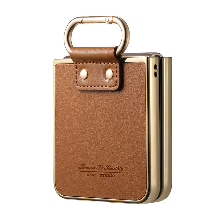For Samsung Galaxy Z Flip7 5G Case Electroplating Leather Coated PC Phone Cover with Spring Ring Buckle Kickstand - Brown - 6