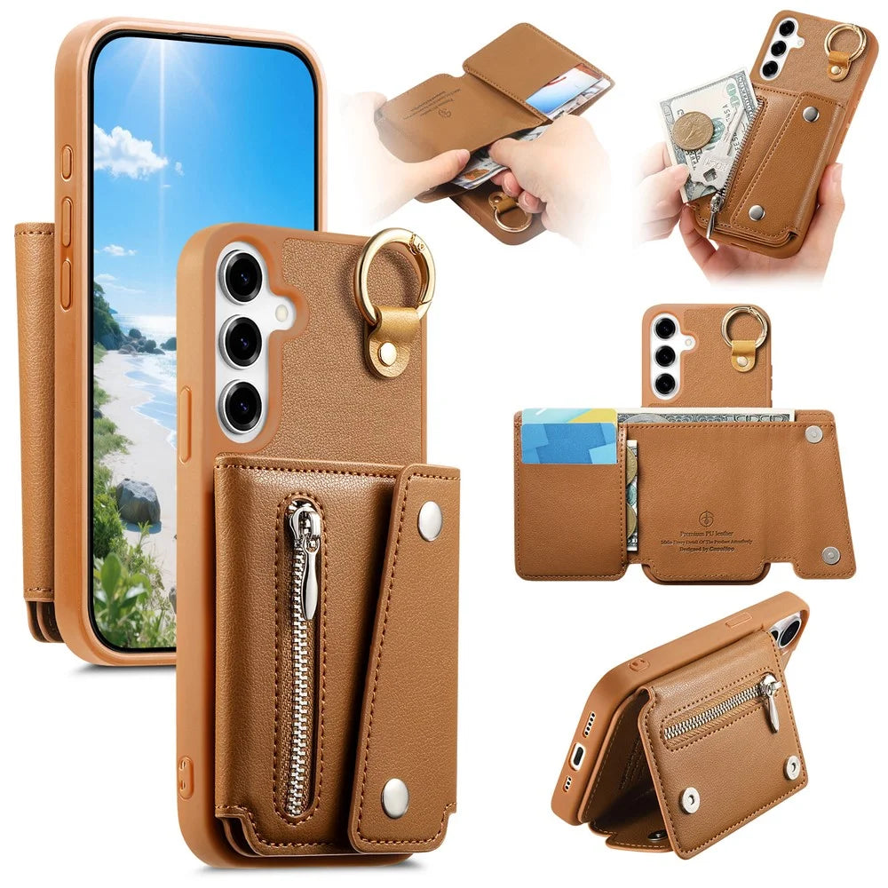 For Samsung Galaxy A26 5G Case D-Ring Holder Leather + PC + TPU Phone Cover with Wallet Kickstand - Brown - 1