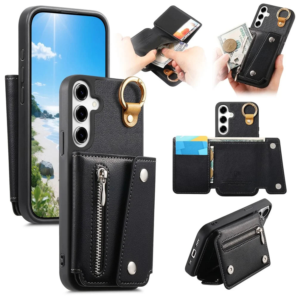 For Samsung Galaxy A36 5G Case D-Ring Holder Leather + PC + TPU Phone Cover with Wallet Kickstand - Black - 1