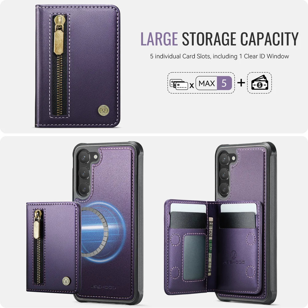 JEEHOOD For Samsung Galaxy S23+ Case  J12 Magnetic Detachable Zipper Wallet Kickstand Leather Back Cover Magnetic Case - Purple - 5
