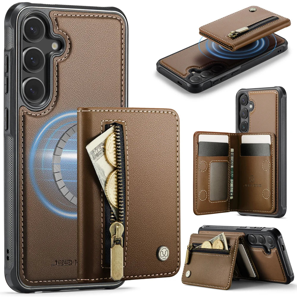 JEEHOOD For Samsung Galaxy S25+ Case  J12 Magnetic Detachable Zipper Wallet Kickstand Leather Back Cover Magnetic Case - Brown - 1