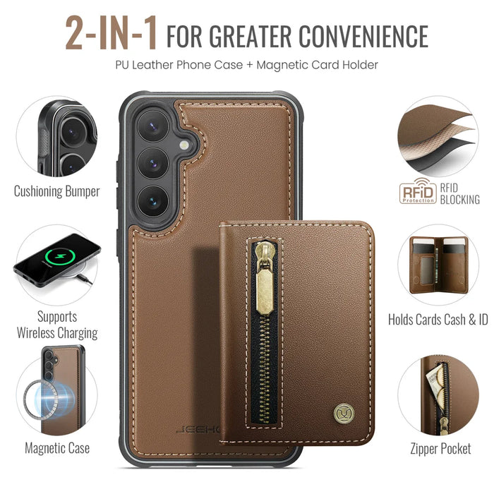JEEHOOD For Samsung Galaxy S25+ Case  J12 Magnetic Detachable Zipper Wallet Kickstand Leather Back Cover Magnetic Case - Brown - 2