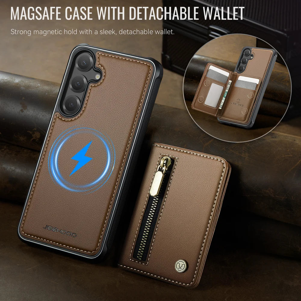 JEEHOOD For Samsung Galaxy S25+ Case  J12 Magnetic Detachable Zipper Wallet Kickstand Leather Back Cover Magnetic Case - Brown - 4