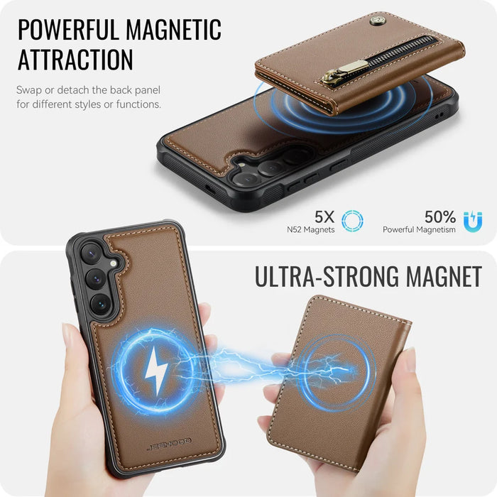 JEEHOOD For Samsung Galaxy S25 FE Case  J12 Magnetic Detachable Zipper Wallet Kickstand Leather Back Cover Magnetic Case - Brown - 3