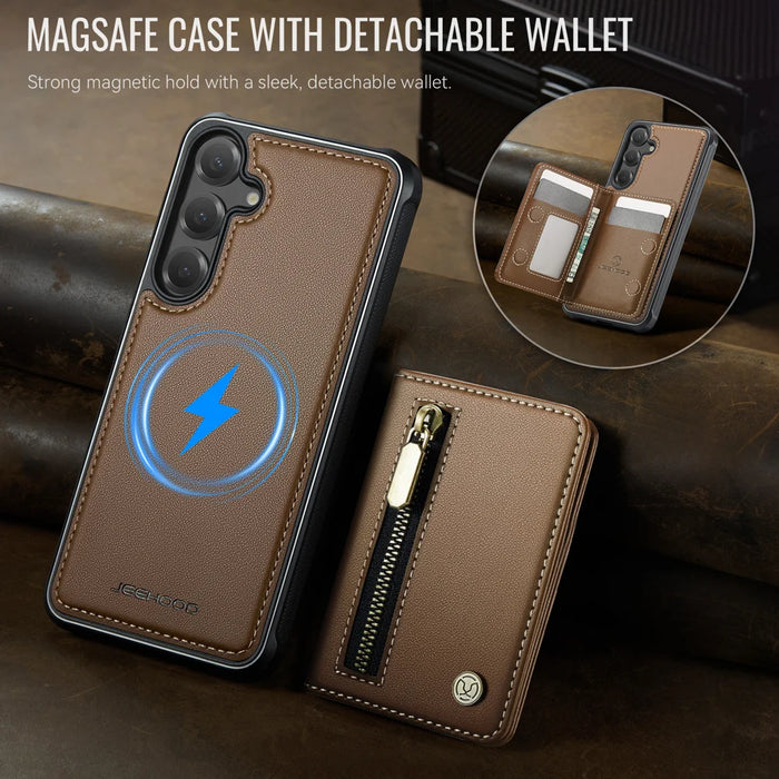 JEEHOOD For Samsung Galaxy S25 FE Case  J12 Magnetic Detachable Zipper Wallet Kickstand Leather Back Cover Magnetic Case - Brown - 4