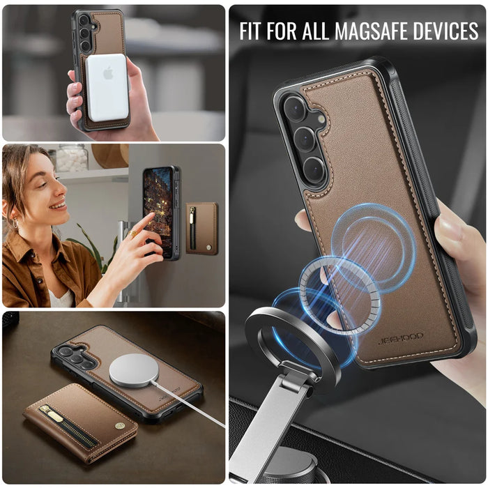 JEEHOOD For Samsung Galaxy S25 FE Case  J12 Magnetic Detachable Zipper Wallet Kickstand Leather Back Cover Magnetic Case - Brown - 6