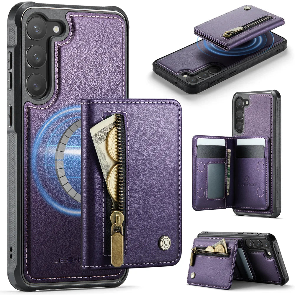 JEEHOOD For Samsung Galaxy S23 Case  J12 Magnetic Detachable Zipper Wallet Kickstand Leather Back Cover Magnetic Case - Purple - 1