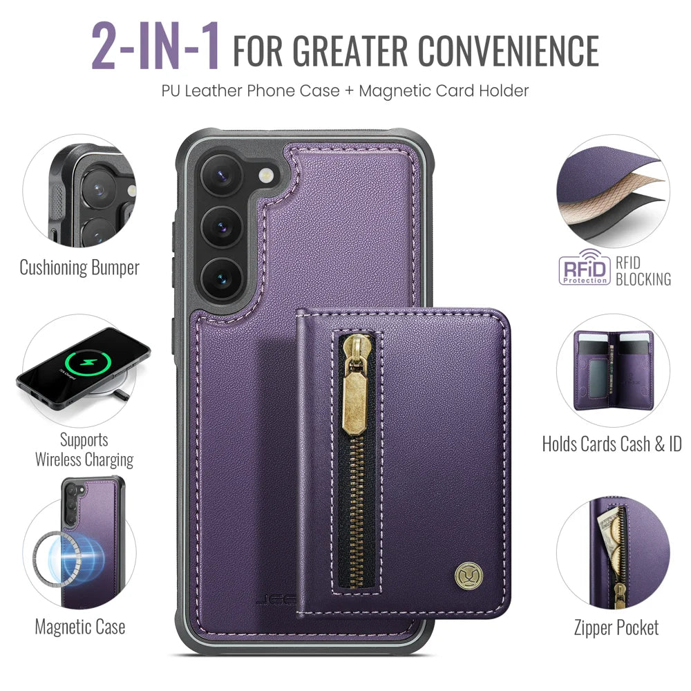 JEEHOOD For Samsung Galaxy S23 Case  J12 Magnetic Detachable Zipper Wallet Kickstand Leather Back Cover Magnetic Case - Purple - 2