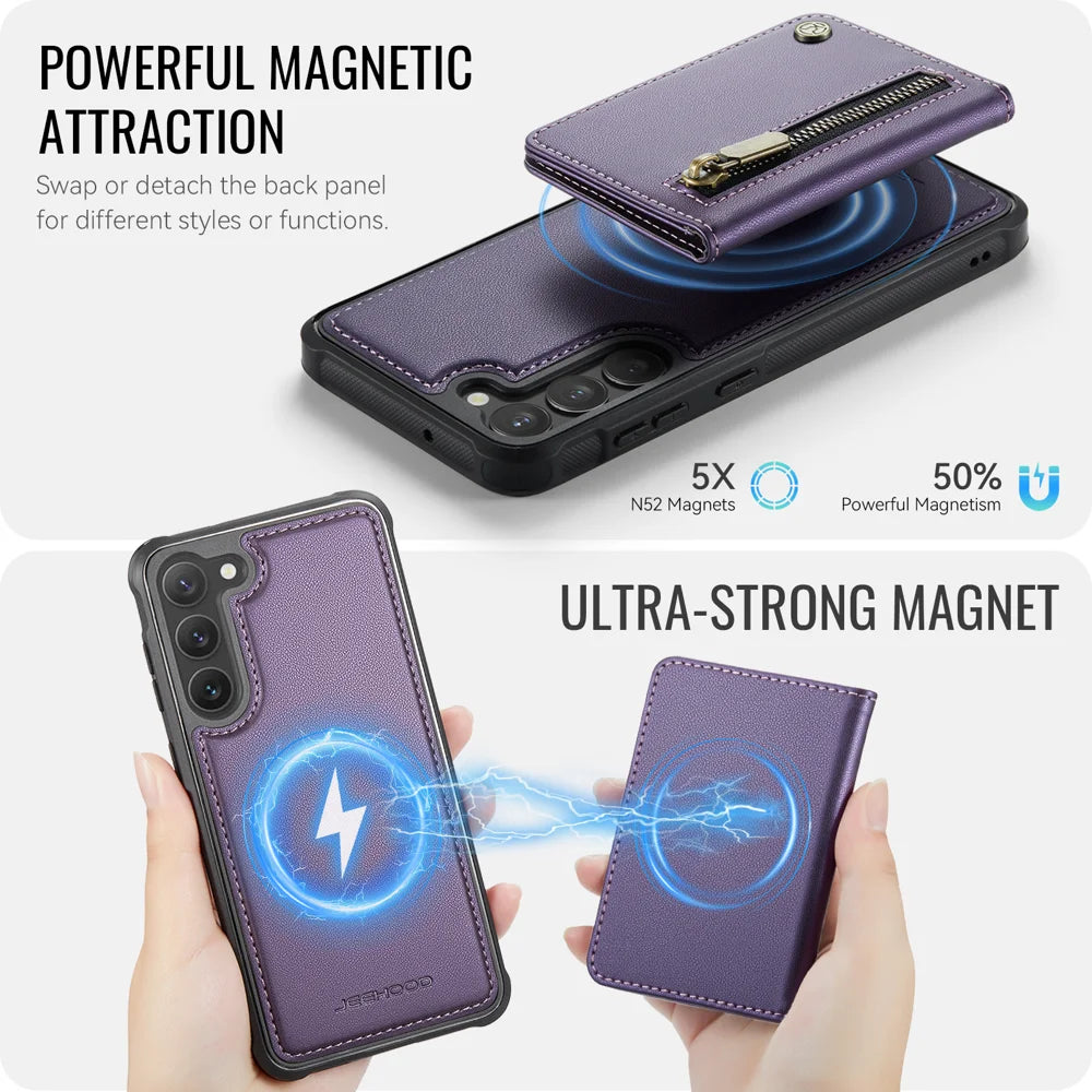 JEEHOOD For Samsung Galaxy S23 Case  J12 Magnetic Detachable Zipper Wallet Kickstand Leather Back Cover Magnetic Case - Purple - 3