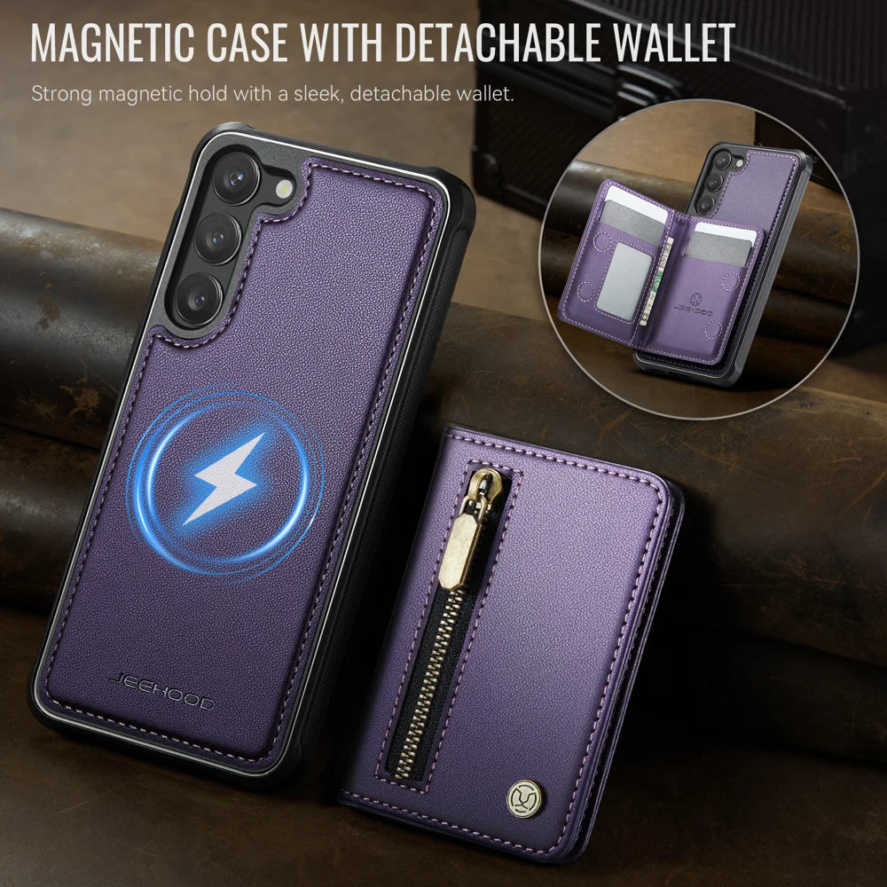 JEEHOOD For Samsung Galaxy S23 Case  J12 Magnetic Detachable Zipper Wallet Kickstand Leather Back Cover Magnetic Case - Purple - 4
