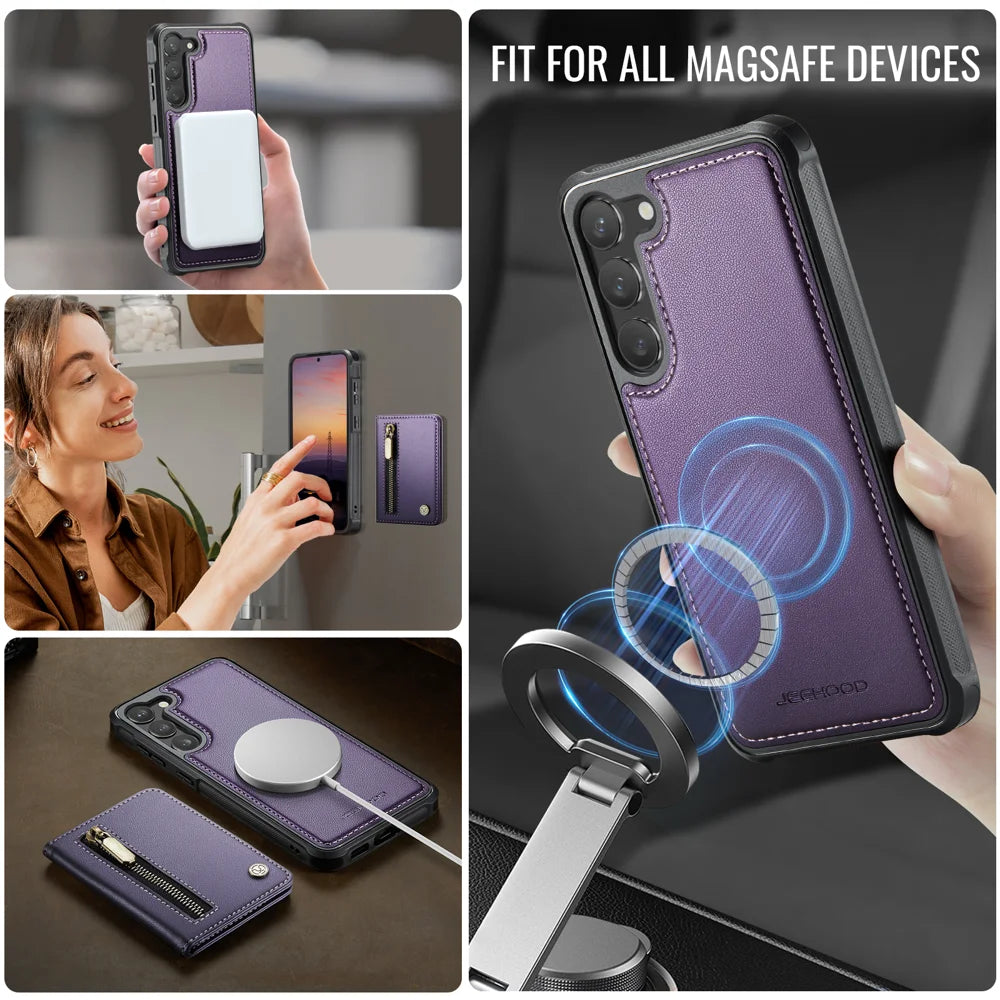 JEEHOOD For Samsung Galaxy S23 Case  J12 Magnetic Detachable Zipper Wallet Kickstand Leather Back Cover Magnetic Case - Purple - 6