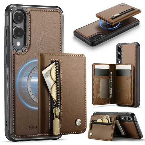 JEEHOOD For Samsung Galaxy S25 Edge Case  J12 Magnetic Detachable Zipper Wallet Kickstand Leather Back Cover Magnetic Case - Brown - 1
