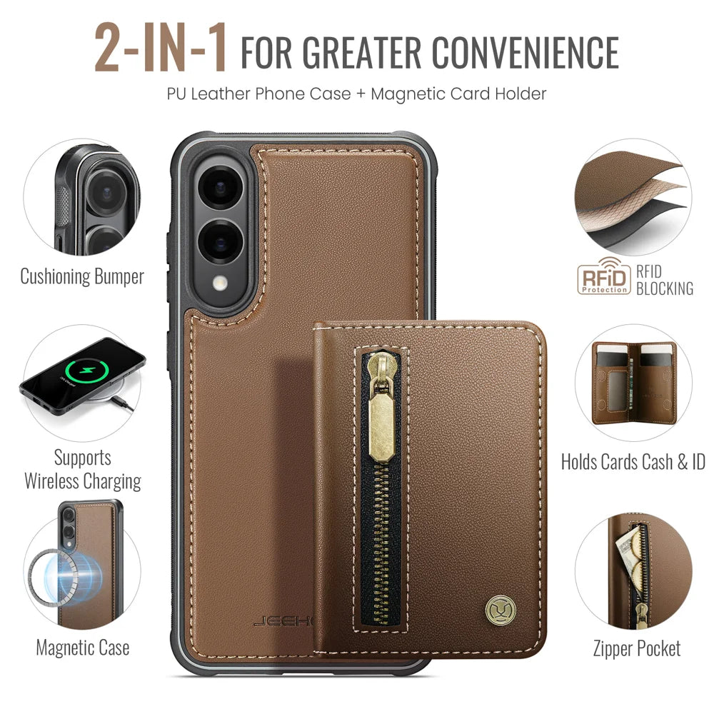 JEEHOOD For Samsung Galaxy S25 Edge Case  J12 Magnetic Detachable Zipper Wallet Kickstand Leather Back Cover Magnetic Case - Brown - 2
