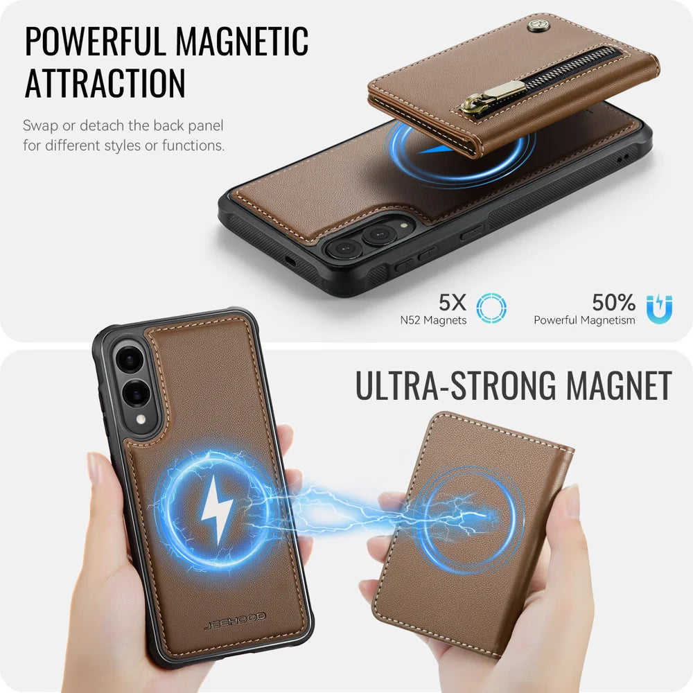 JEEHOOD For Samsung Galaxy S25 Edge Case  J12 Magnetic Detachable Zipper Wallet Kickstand Leather Back Cover Magnetic Case - Brown - 3