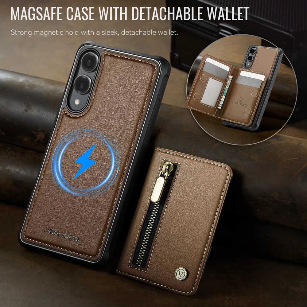 JEEHOOD For Samsung Galaxy S25 Edge Case  J12 Magnetic Detachable Zipper Wallet Kickstand Leather Back Cover Magnetic Case - Brown - 4