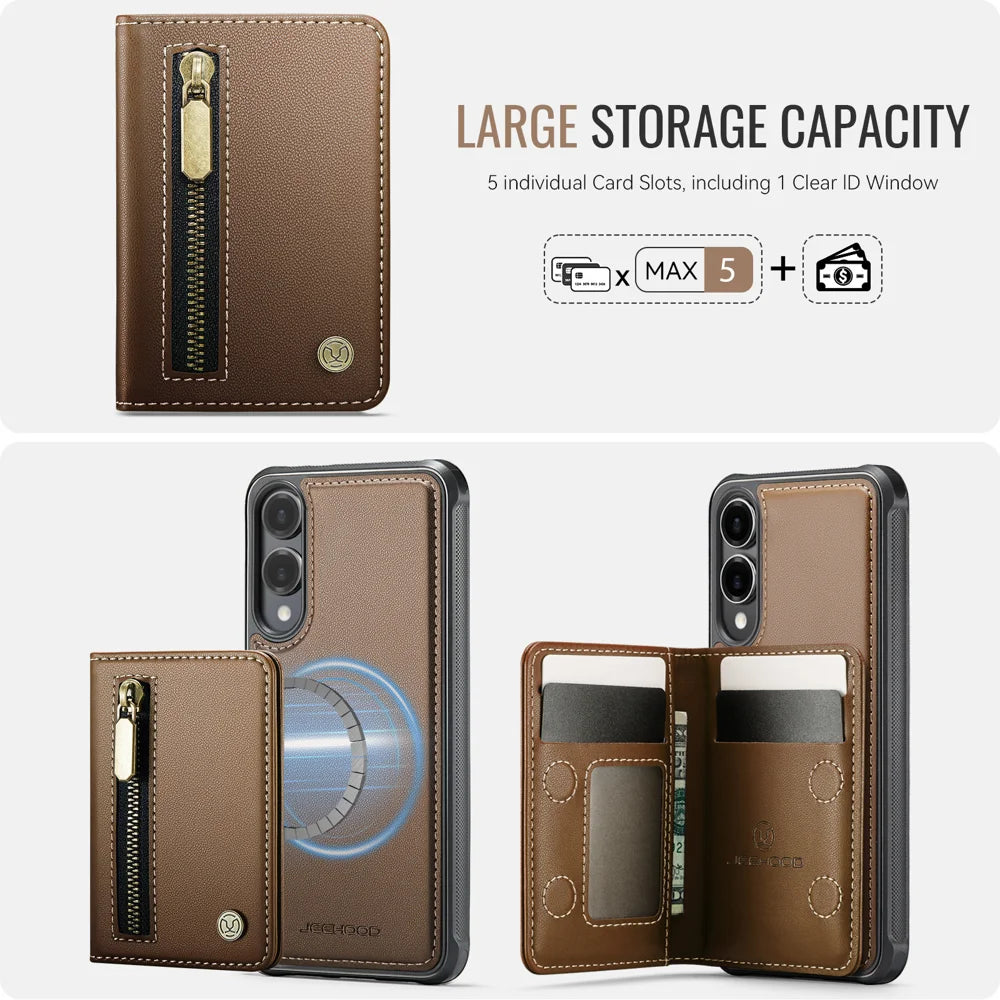 JEEHOOD For Samsung Galaxy S25 Edge Case  J12 Magnetic Detachable Zipper Wallet Kickstand Leather Back Cover Magnetic Case - Brown - 5