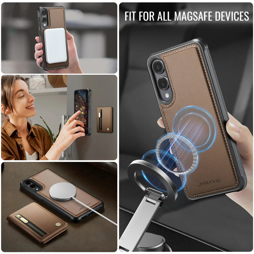 JEEHOOD For Samsung Galaxy S25 Edge Case  J12 Magnetic Detachable Zipper Wallet Kickstand Leather Back Cover Magnetic Case - Brown - 6