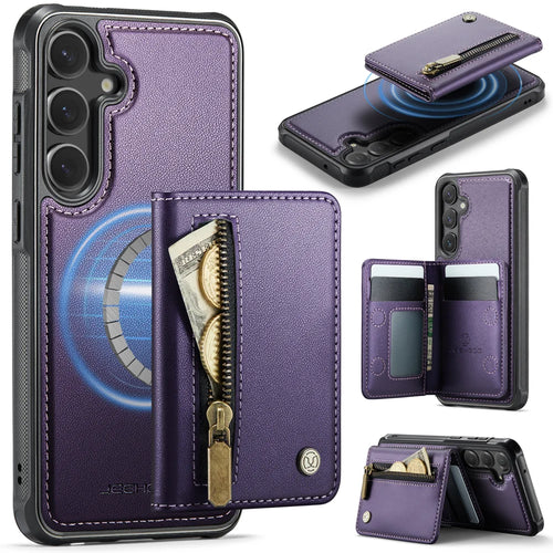 JEEHOOD For Samsung Galaxy S23 FE Case  J12 Magnetic Detachable Zipper Wallet Kickstand Leather Back Cover Magnetic Case - Purple - 1