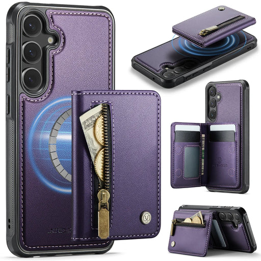 JEEHOOD For Samsung Galaxy S23 FE Case  J12 Magnetic Detachable Zipper Wallet Kickstand Leather Back Cover Magnetic Case - Purple - 1