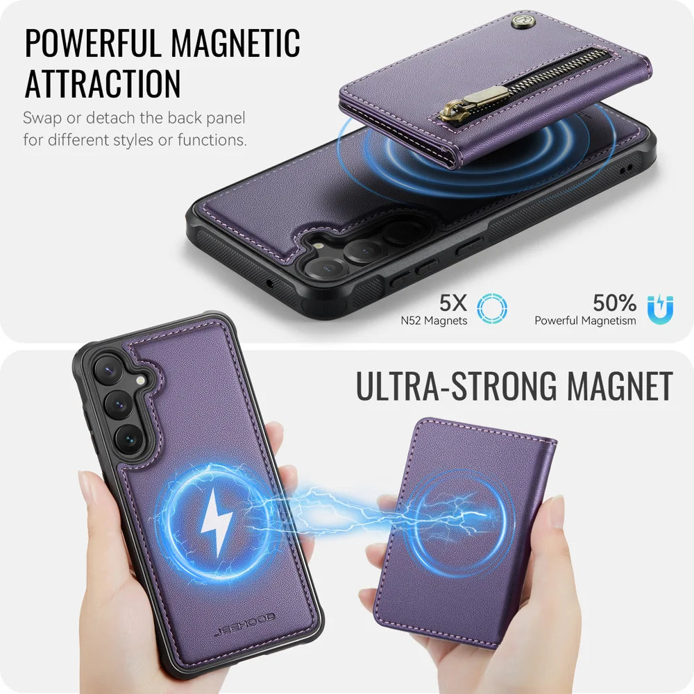 JEEHOOD For Samsung Galaxy S23 FE Case  J12 Magnetic Detachable Zipper Wallet Kickstand Leather Back Cover Magnetic Case - Purple - 3