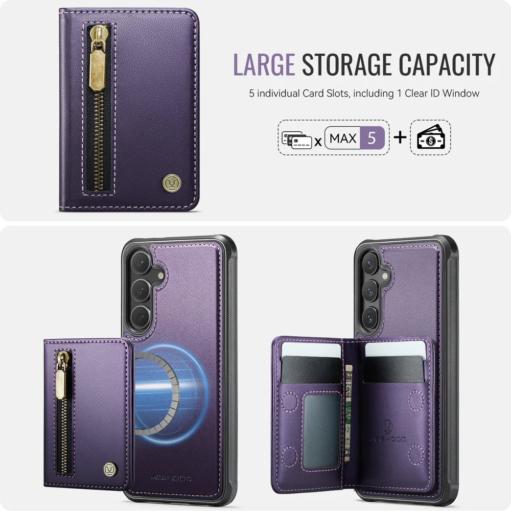 JEEHOOD For Samsung Galaxy S23 FE Case  J12 Magnetic Detachable Zipper Wallet Kickstand Leather Back Cover Magnetic Case - Purple - 5