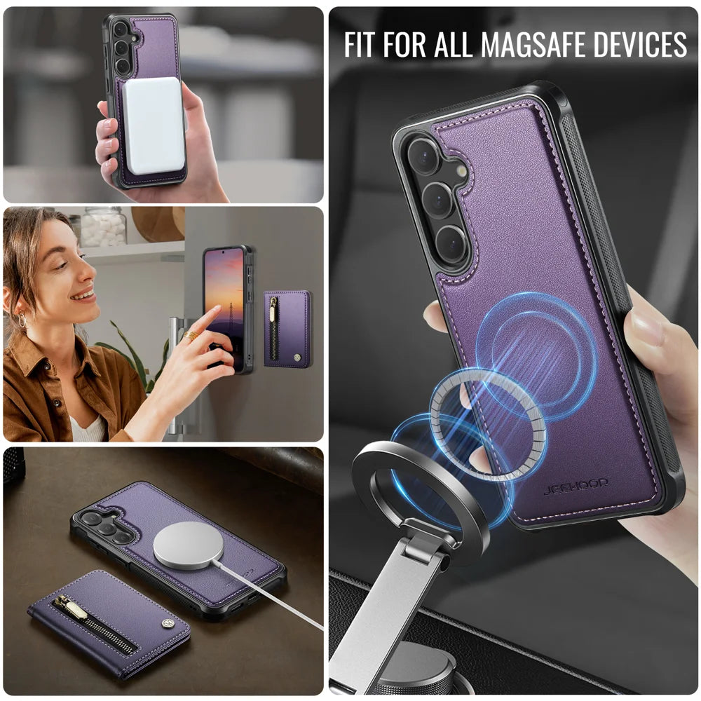 JEEHOOD For Samsung Galaxy S23 FE Case  J12 Magnetic Detachable Zipper Wallet Kickstand Leather Back Cover Magnetic Case - Purple - 6