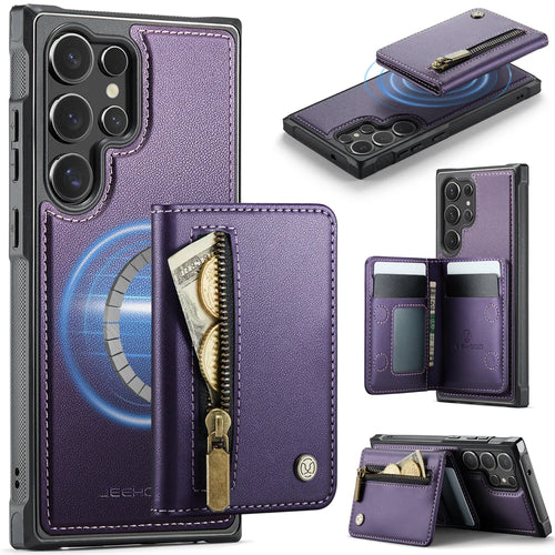 JEEHOOD For Samsung Galaxy S23 Ultra Case  J12 Magnetic Detachable Zipper Wallet Kickstand Leather Back Cover Magnetic Case - Purple - 1