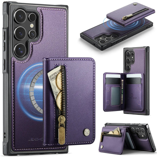 JEEHOOD For Samsung Galaxy S23 Ultra Case  J12 Magnetic Detachable Zipper Wallet Kickstand Leather Back Cover Magnetic Case - Purple - 1