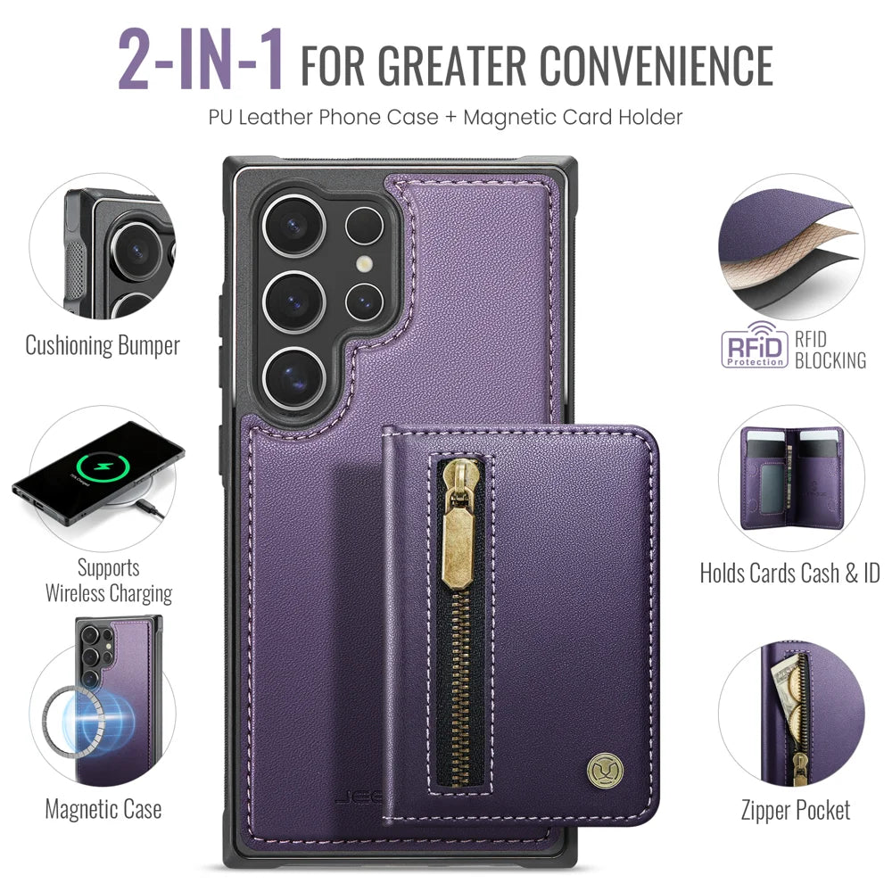 JEEHOOD For Samsung Galaxy S23 Ultra Case  J12 Magnetic Detachable Zipper Wallet Kickstand Leather Back Cover Magnetic Case - Purple - 2