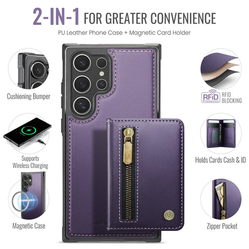 JEEHOOD For Samsung Galaxy S23 Ultra Case  J12 Magnetic Detachable Zipper Wallet Kickstand Leather Back Cover Magnetic Case - Purple - 2