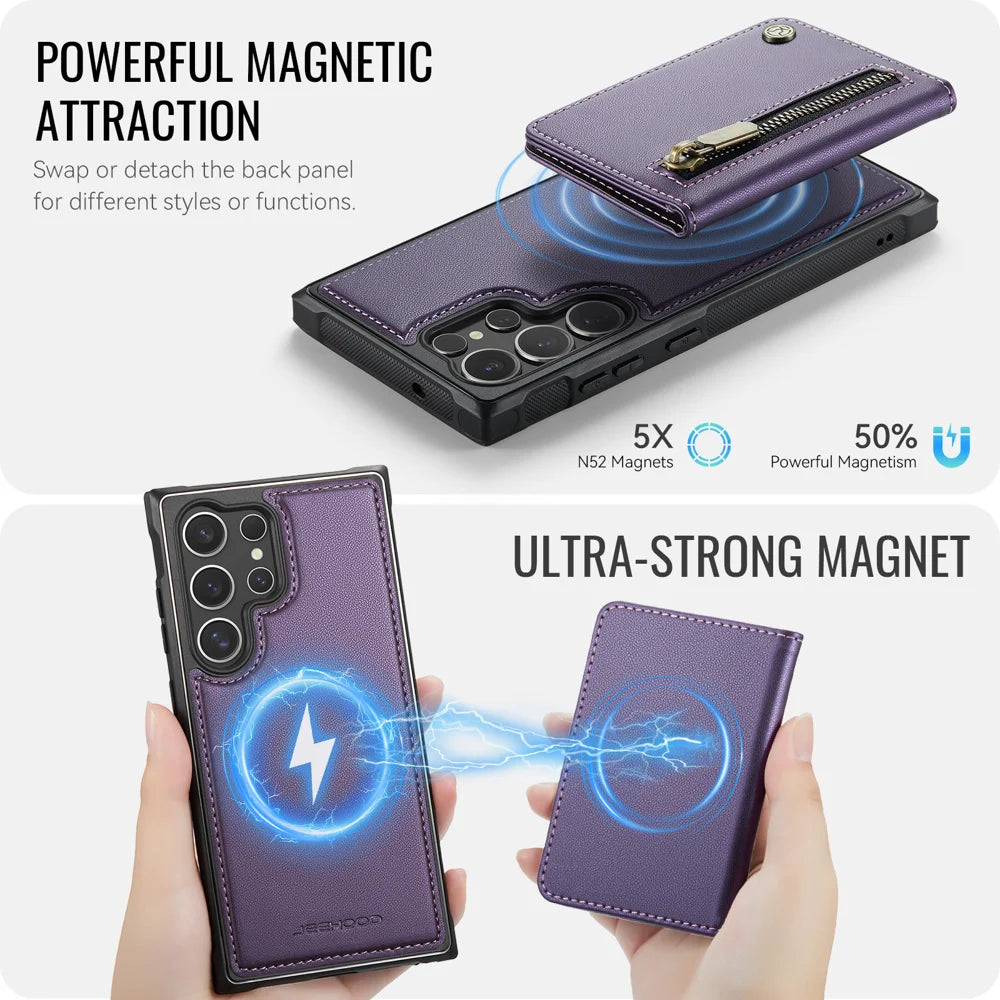 JEEHOOD For Samsung Galaxy S23 Ultra Case  J12 Magnetic Detachable Zipper Wallet Kickstand Leather Back Cover Magnetic Case - Purple - 3