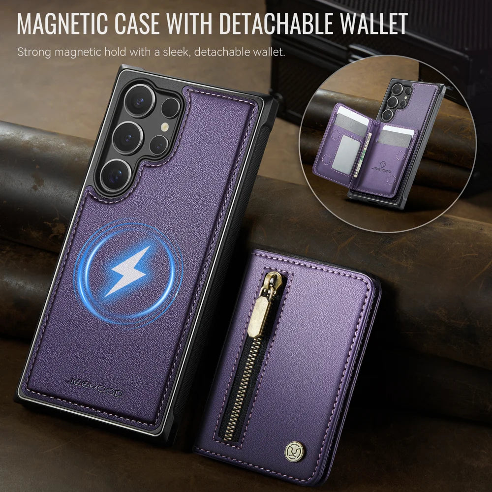 JEEHOOD For Samsung Galaxy S23 Ultra Case  J12 Magnetic Detachable Zipper Wallet Kickstand Leather Back Cover Magnetic Case - Purple - 4