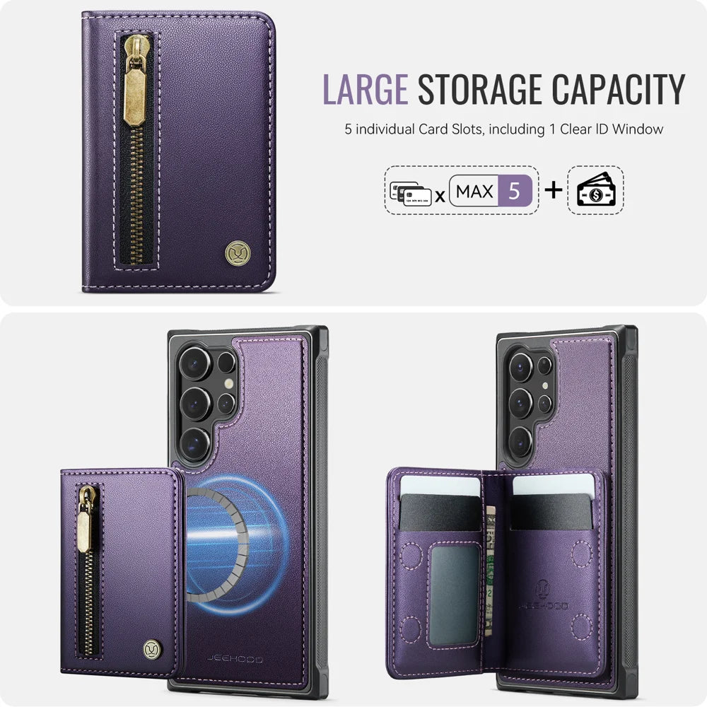 JEEHOOD For Samsung Galaxy S23 Ultra Case  J12 Magnetic Detachable Zipper Wallet Kickstand Leather Back Cover Magnetic Case - Purple - 5