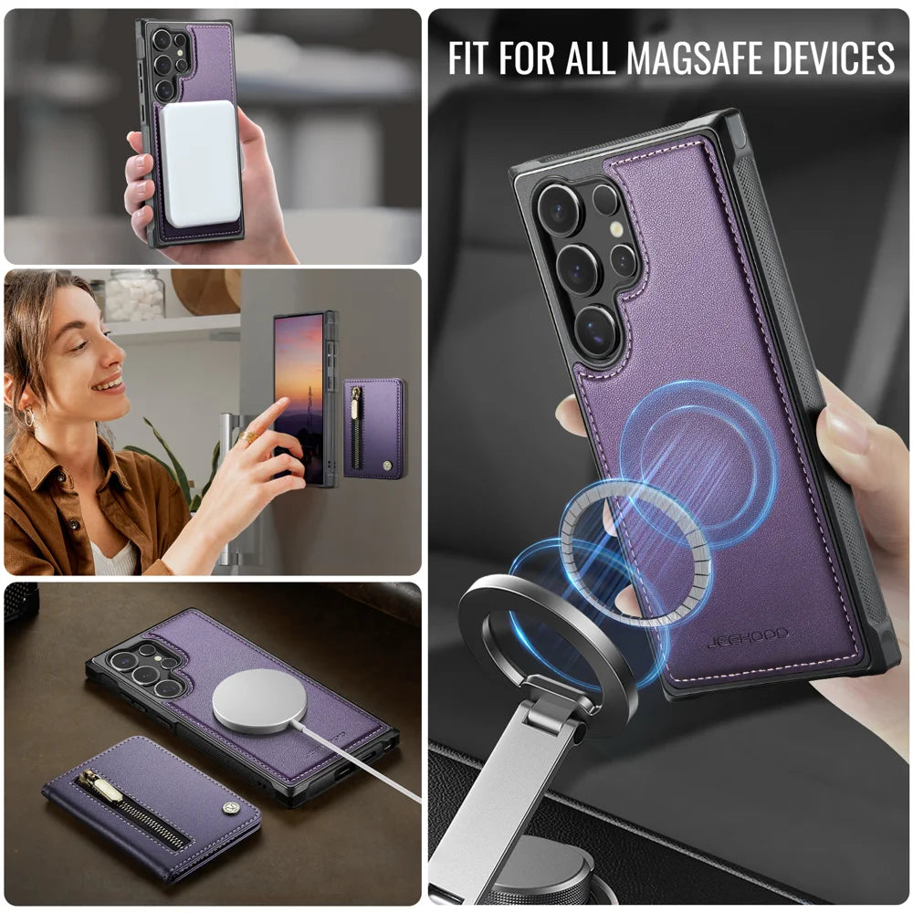 JEEHOOD For Samsung Galaxy S23 Ultra Case  J12 Magnetic Detachable Zipper Wallet Kickstand Leather Back Cover Magnetic Case - Purple - 6