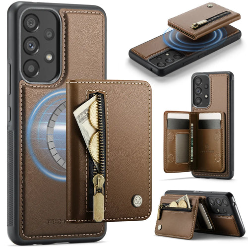 JEEHOOD For Samsung Galaxy A53 5G Case  J12 Magnetic Detachable Zipper Wallet Kickstand Leather Back Cover Magnetic Case - Brown - 1