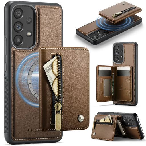 JEEHOOD For Samsung Galaxy A53 5G Case  J12 Magnetic Detachable Zipper Wallet Kickstand Leather Back Cover Magnetic Case - Brown - 1