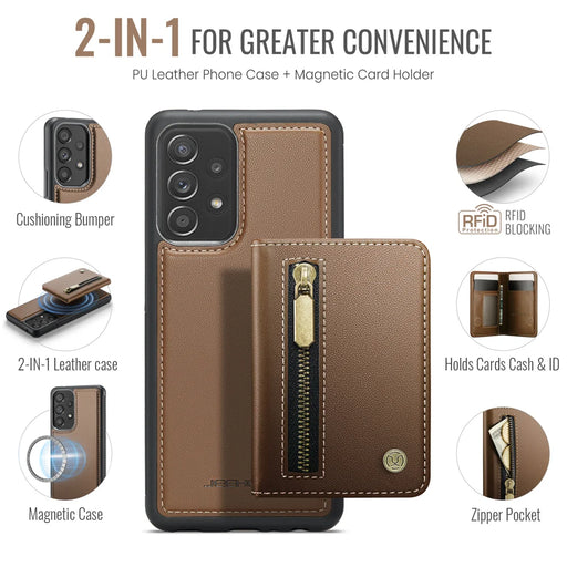 JEEHOOD For Samsung Galaxy A53 5G Case  J12 Magnetic Detachable Zipper Wallet Kickstand Leather Back Cover Magnetic Case - Brown - 2