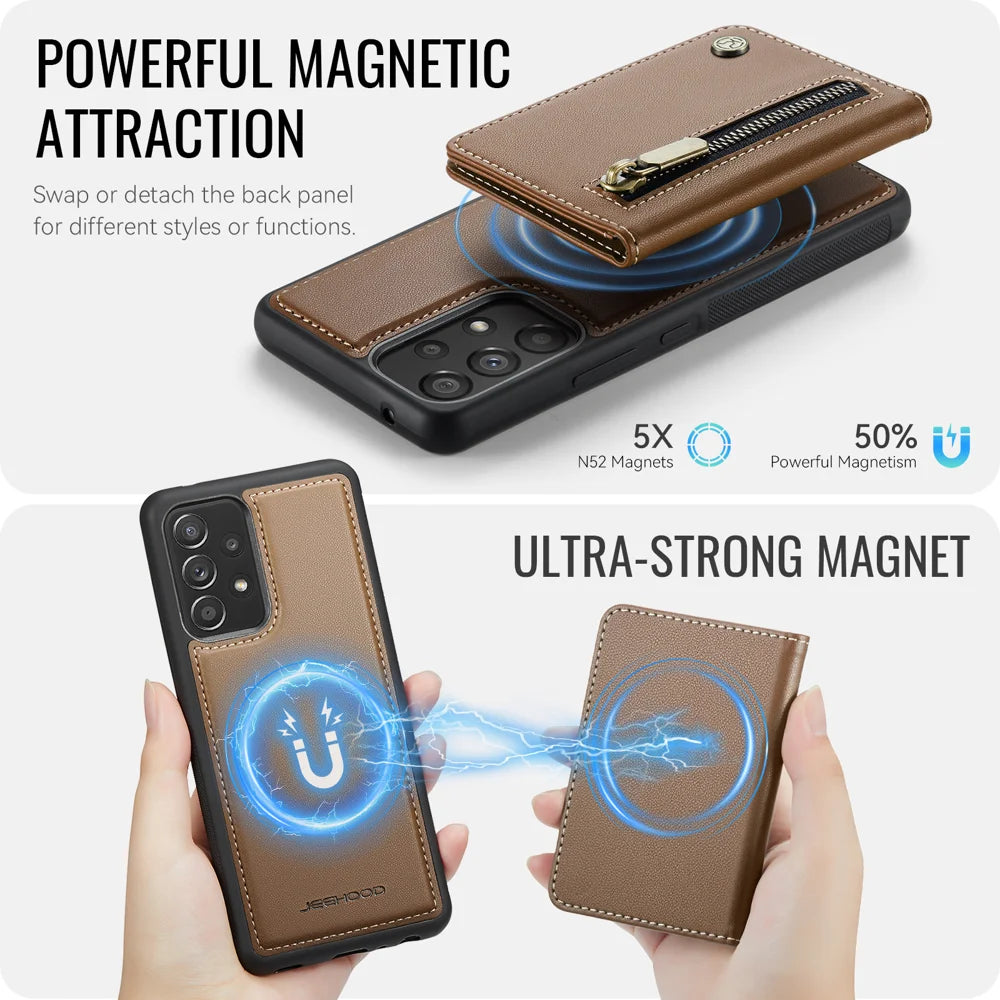 JEEHOOD For Samsung Galaxy A53 5G Case  J12 Magnetic Detachable Zipper Wallet Kickstand Leather Back Cover Magnetic Case - Brown - 3