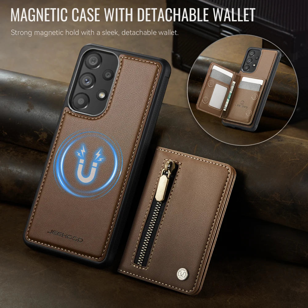 JEEHOOD For Samsung Galaxy A53 5G Case  J12 Magnetic Detachable Zipper Wallet Kickstand Leather Back Cover Magnetic Case - Brown - 4