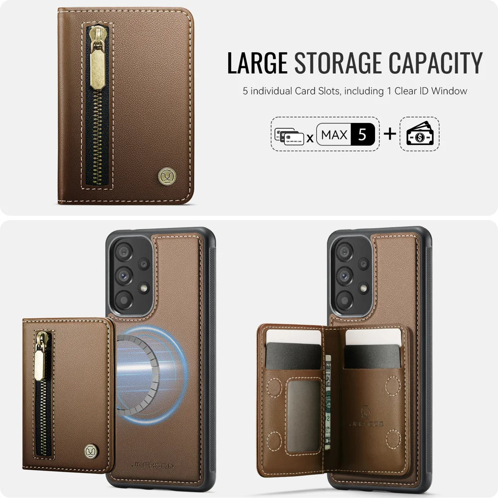 JEEHOOD For Samsung Galaxy A53 5G Case  J12 Magnetic Detachable Zipper Wallet Kickstand Leather Back Cover Magnetic Case - Brown - 5