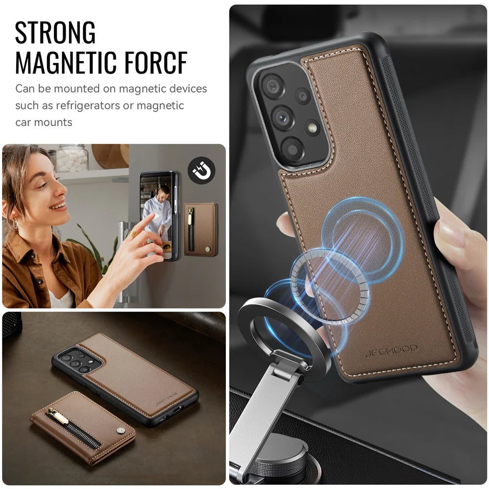 JEEHOOD For Samsung Galaxy A53 5G Case  J12 Magnetic Detachable Zipper Wallet Kickstand Leather Back Cover Magnetic Case - Brown - 6