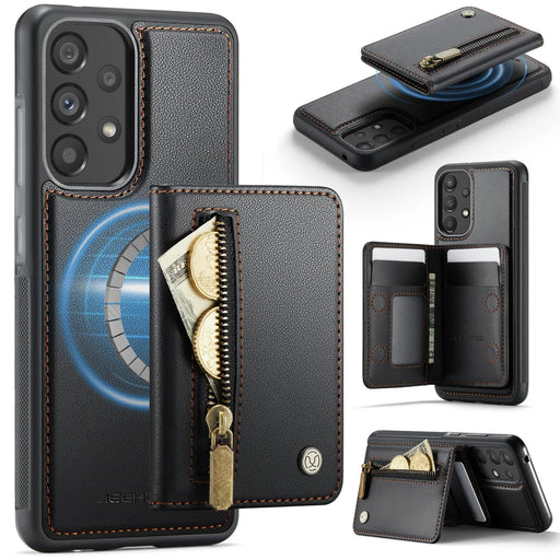 JEEHOOD For Samsung Galaxy A52 5G / Galaxy A52s 5G / Galaxy A52 4G Case  J12 Magnetic Detachable Zipper Wallet Kickstand Leather Back Cover Magnetic Case - Black - 1